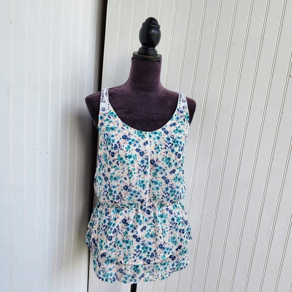 LC LAUREN CONRAD Crochet Racerback Floral Top White Blue Women’s Top Sheer Sz S - Picture 6 of 13